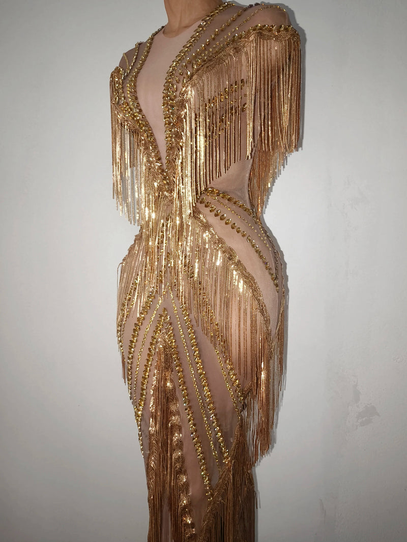 Women Sexy Mesh Sparkly Rhinestone Tassels Stretch Long Dress.