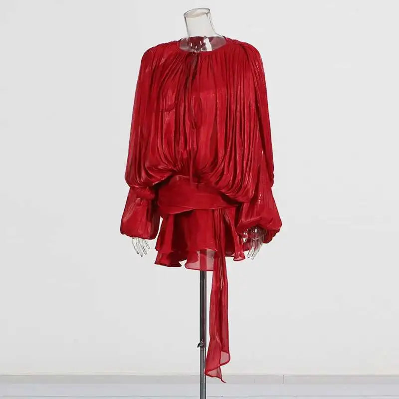 TWOTWINSTYLE Solid Blouse Mini Dresses For Women V Neck Long Sleeve.