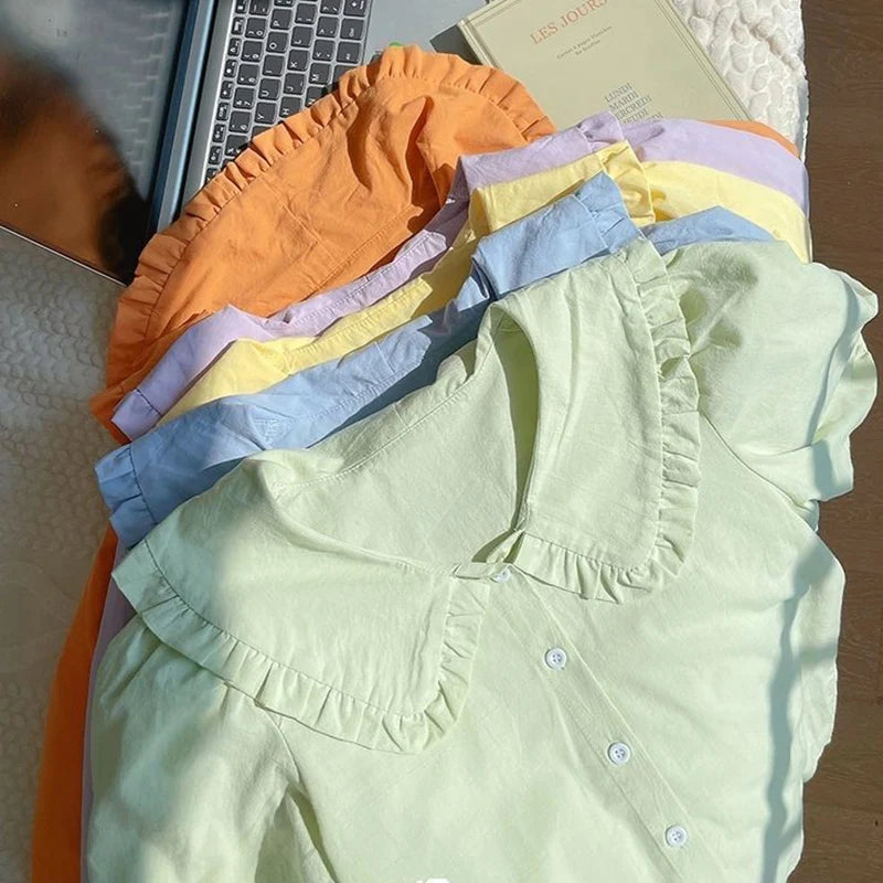 Sweet French Style Ruffle Blouse for Women Spring Summer Puff Sleeve Button.