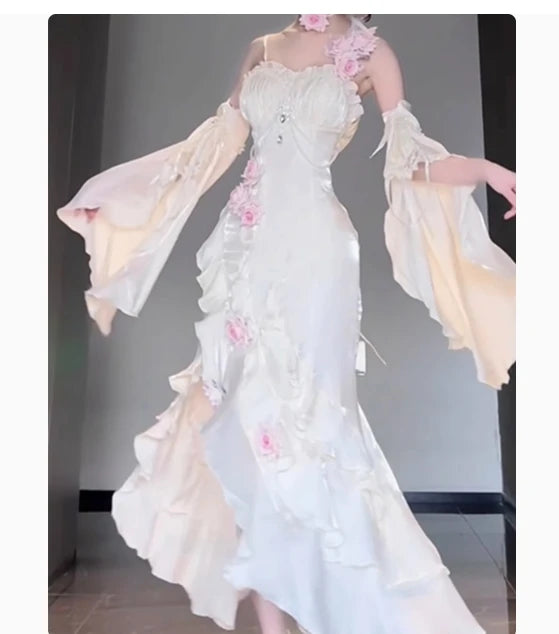 Women’s Red Rose Lolita Slimming Long Asymmetrical Fishtail Dress.