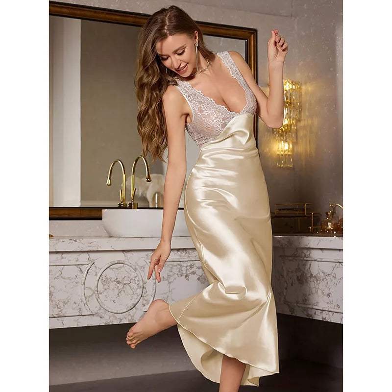 lace-trimmed halter dress for women, a slim and elegant long sleeping dress for home.