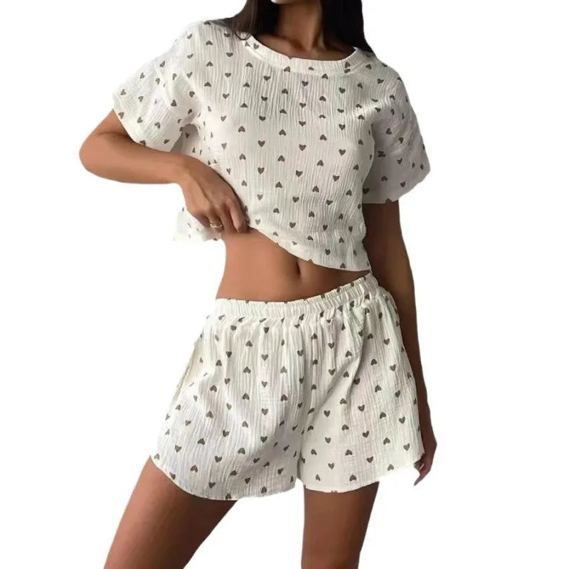 Women Pajamas Set Summer Thin Love Print Crepe Pure Cotton.