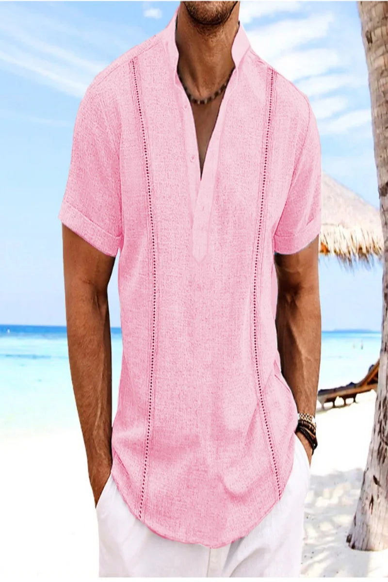 Summer Men's Solid Color Cotton Linen Henley Shirt Casual Guayabera Short.