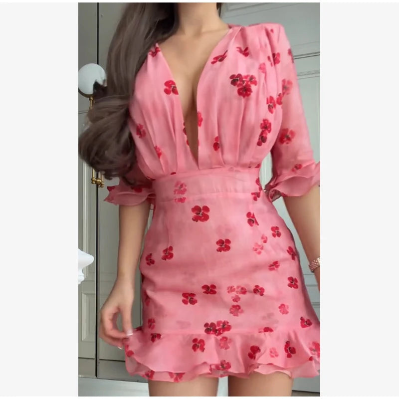 Lady Sexy Flora Painted Ruffle Slim Dress Women Chic.