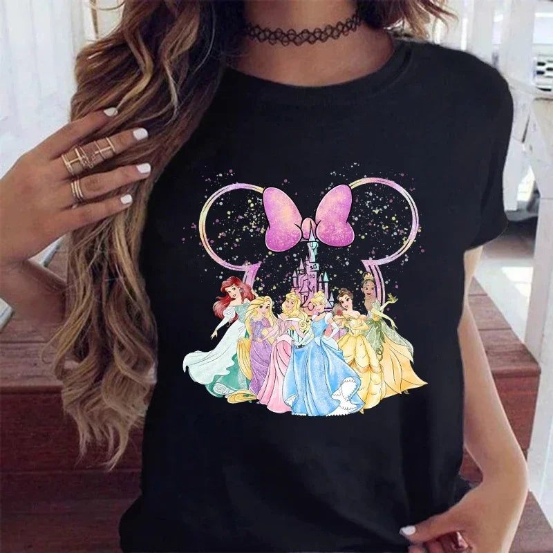 Fashion Disney Princess Printed T Shirt Watercolor Magic Castle Princess Women.