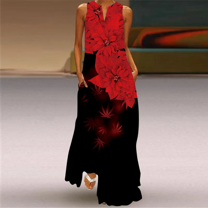 3D Floral Printed Dress Summer Vintage V-neck Sleeveless Loose Maxi Dress Elegant.