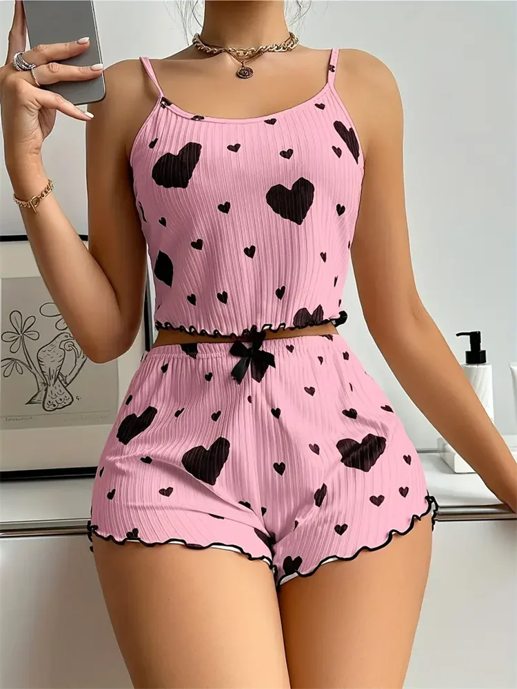 Women's Pajamas Set Straps Sleepwear Vest + Shorts Red Heart Print.