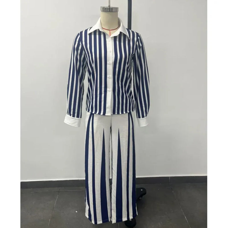 Spring Autumn Fashion Printed Striped Long Sleeve Shirt Women Suit.
