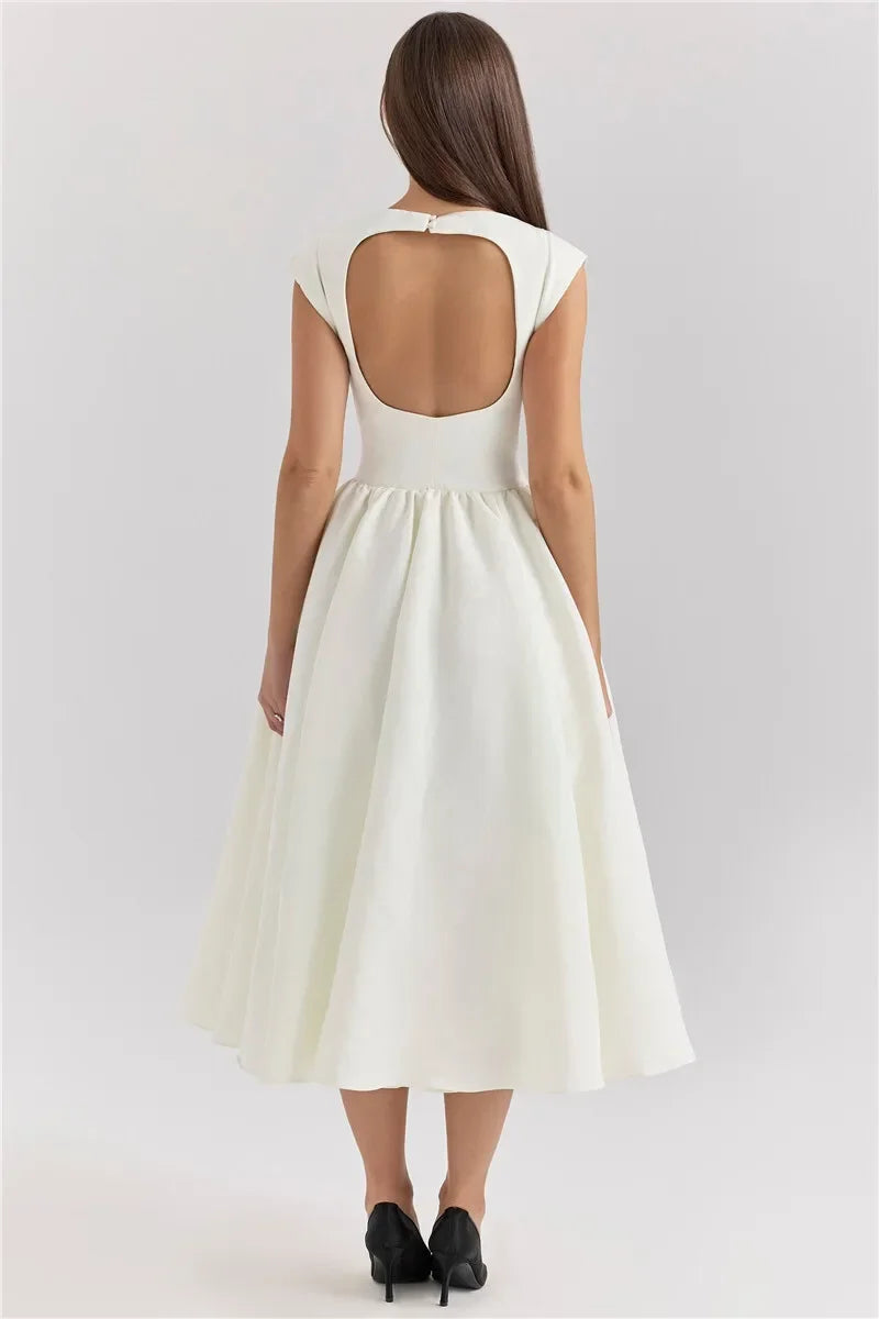 Suninheart Women Circle Cut Out Back Dress Wide Shoulders.