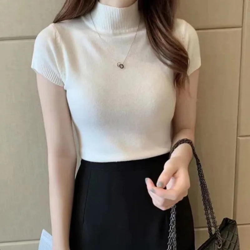 Half-High Neck T-Shirt Women's Fashion Jumper Casual Tops.