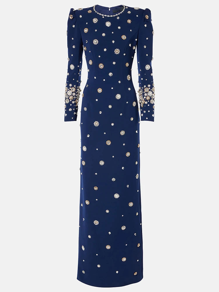 Women's Formal Long Sleeve Luxurious Beaded Long Maxi Dress.