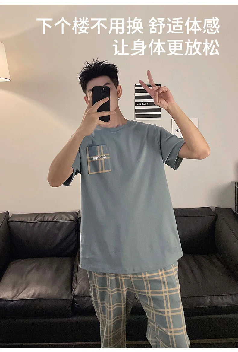 Summer Knitted Plaid Cool Mens Pyjamas Pajamas Casual Pjs Lounge Sets.