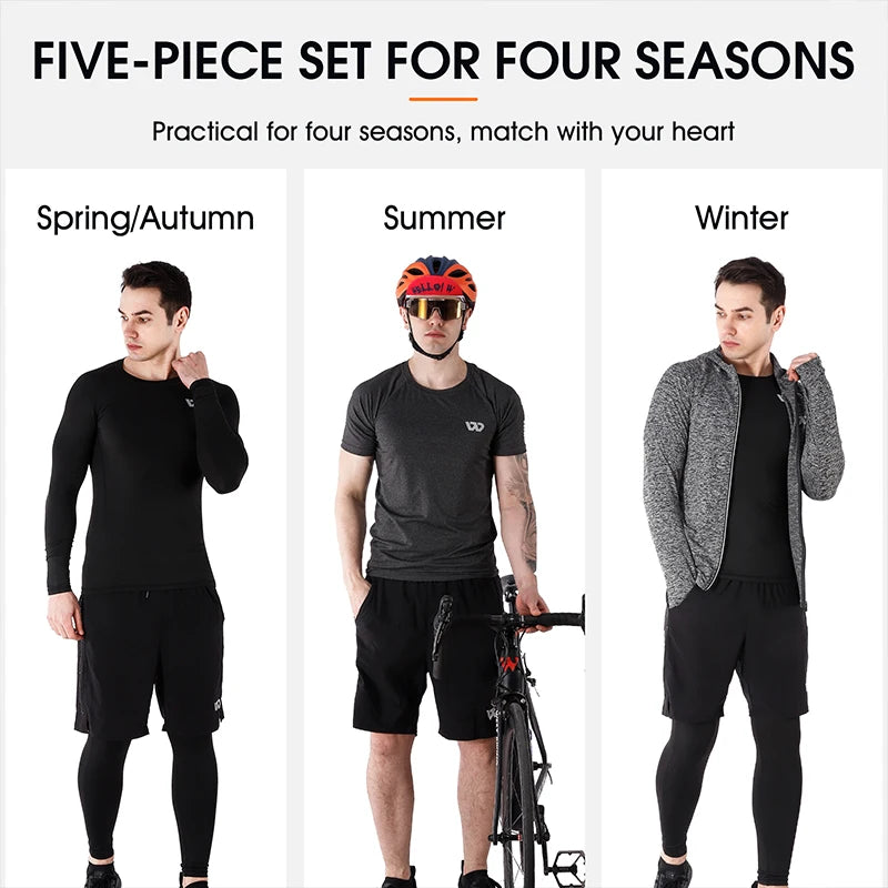 WEST BIKING 5Pcs Sport Suits Men's Compression Pants Top Shirt Long Sleeve.