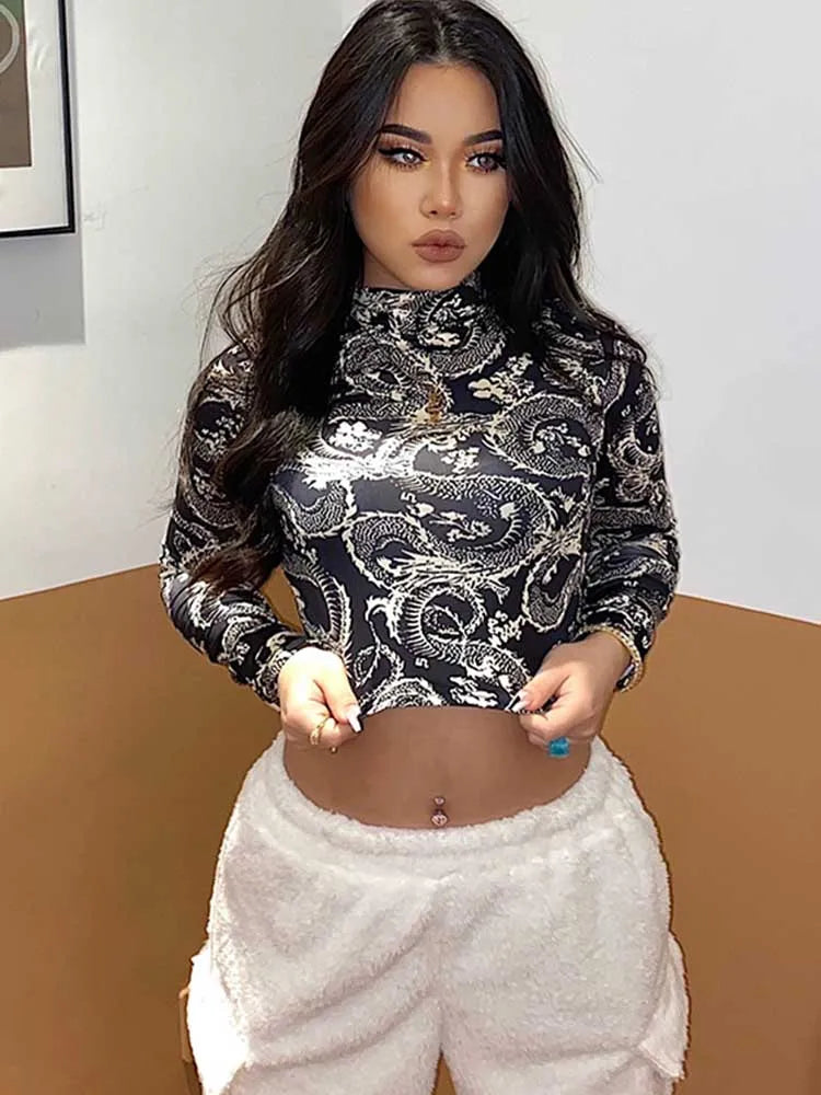 Fashion Trend Women's Stylish Dragon Printed Crop Tops Long Sleeve.