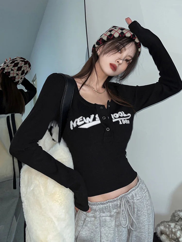 Retro Graffiti Print Elastic T Shirt Women Sexy Slim Crop Top Ribbed.