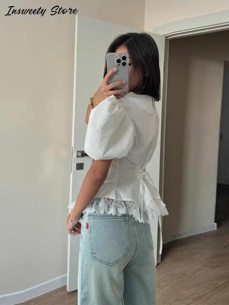 Casual Lace Insert Hem Blouse Women's Puff Sleeve Solid Round Neck.