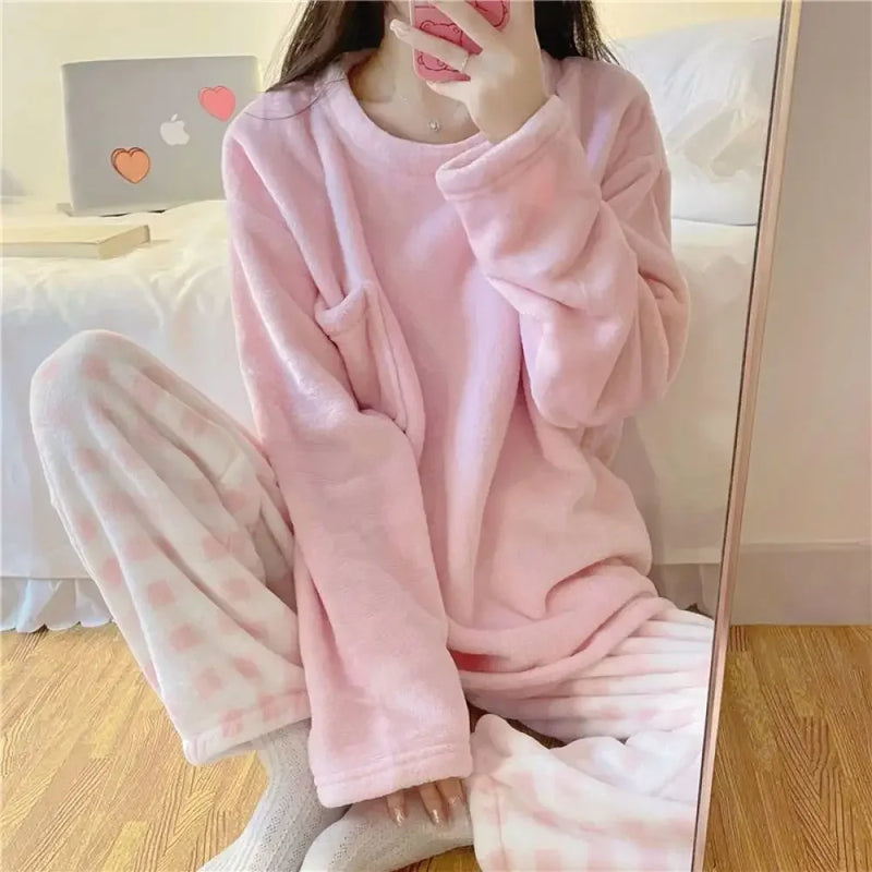 Fleece Thick Warm Women's Pajamas Set Winter Sleepwear Casual Solid.