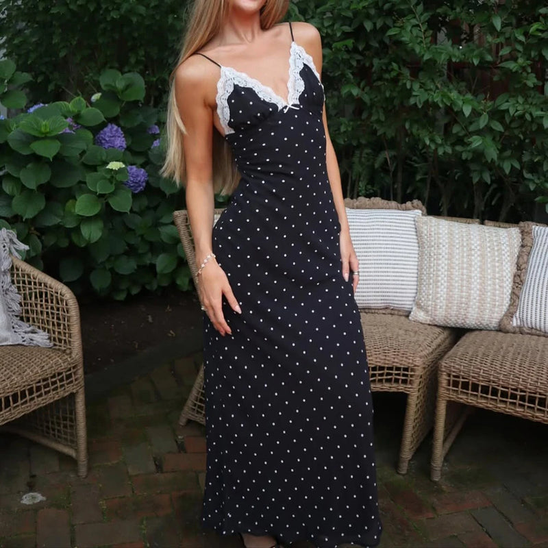 Women's Elegant Retro V-Neck Polka Dot Sleeveless Dress.