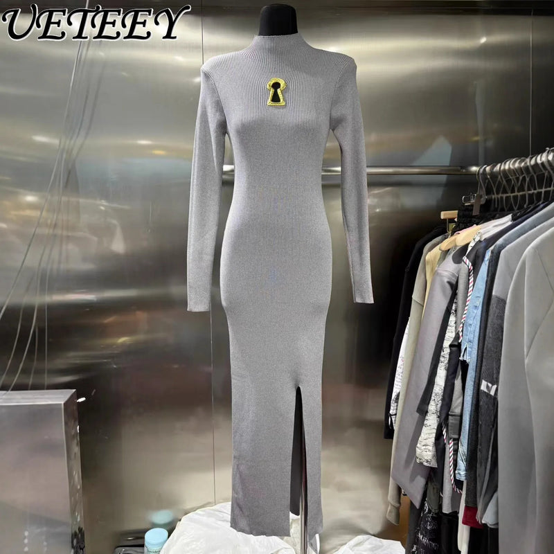 European Women Clothes Long Sleeve Waist-Cinching Knitted Long Dress.