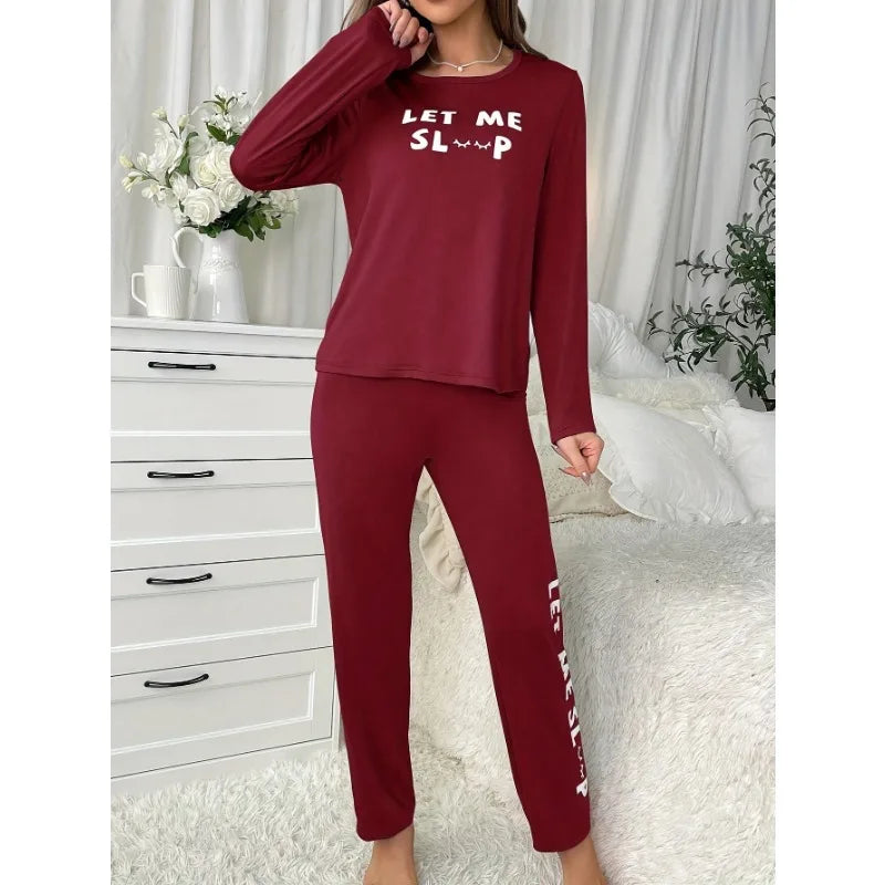 Women's Pajamas Set Letter Long Sleeve Top And Pants Sleepwear 2 Piece.