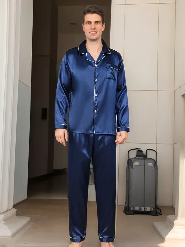Men Pajama Sets Microfiber Sleepwear For Sleeping Man Shirt Satin Long Sleeve.