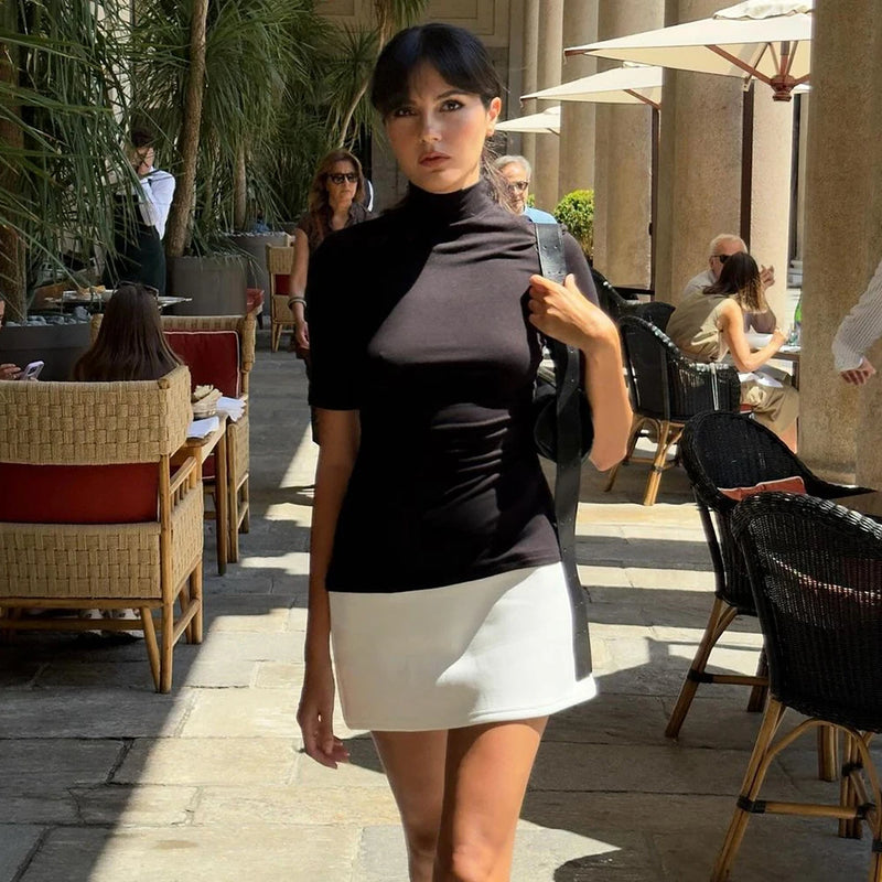 Talenza Elegant Contrast Color Mini Dress Women's Sexy High Neck Short.
