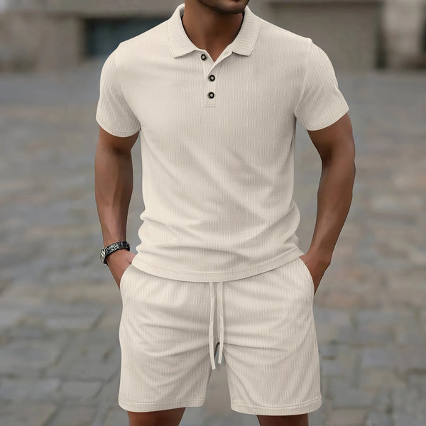 Summer men's suit Solid color threaded corduroy short sleeve lapel top.
