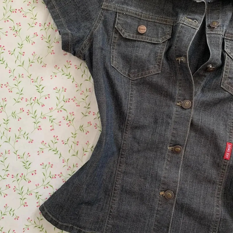 American Harajuku Retro Wash Fashionable Sexy Denim Short-sleeved.