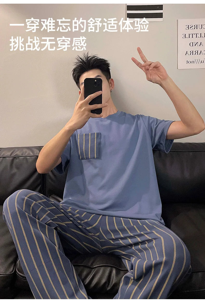 Summer Knitted Plaid Cool Mens Pyjamas Pajamas Casual Pjs Lounge Sets.