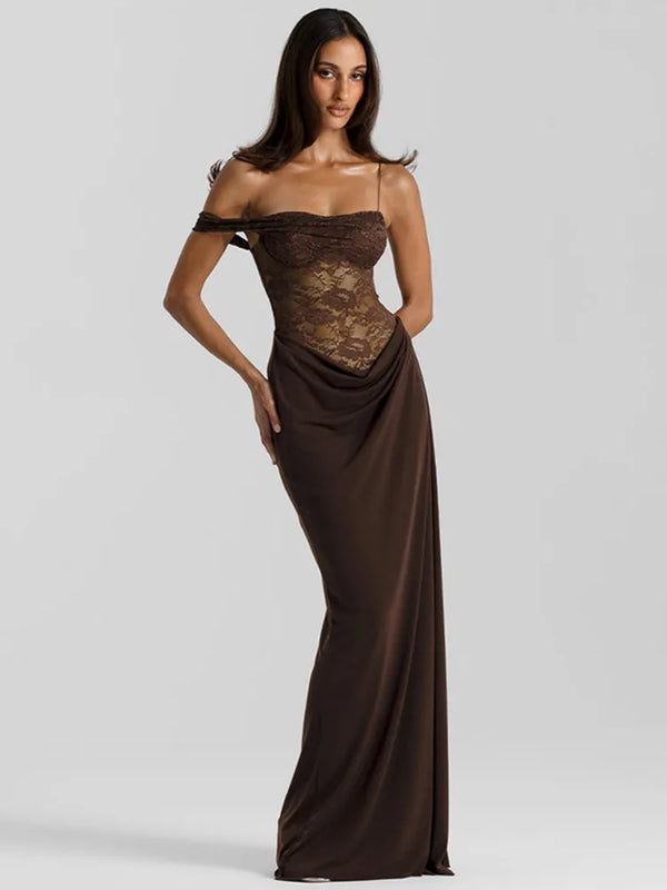 Women’s Mozision One Shoulder Lace See Through Sexy Maxi Dress.