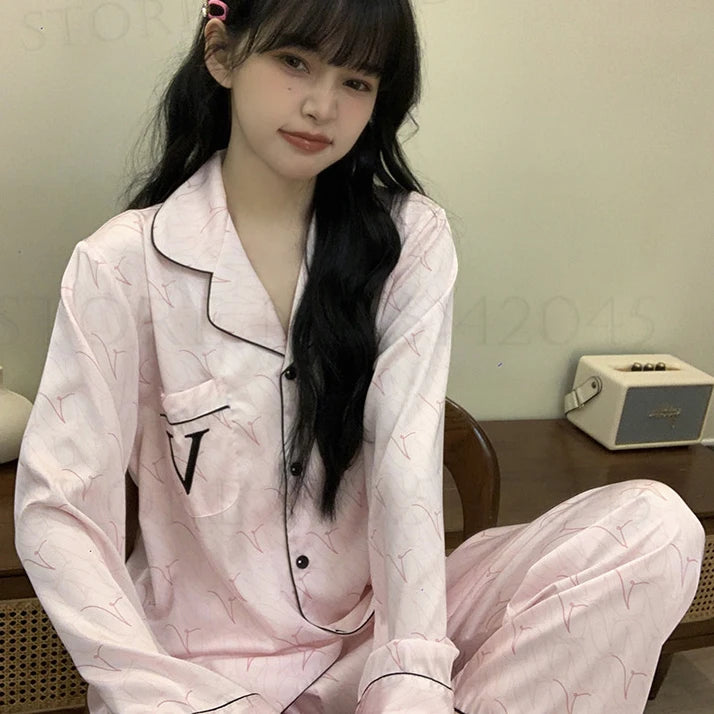Pink Print Women 2PCS Pajams Set Spring Summer Sleepwear Loungewear.