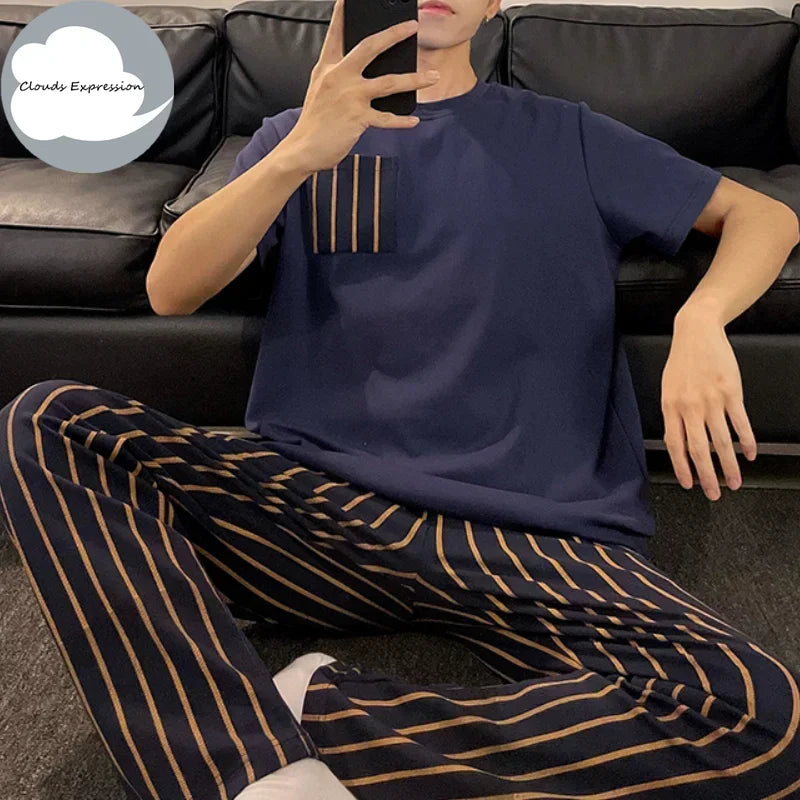 Summer Knitted Plaid Cool Mens Pyjamas Pajamas Casual Pjs Lounge Sets.