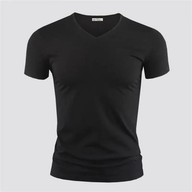 Men's T Shirt Pure Color V Collar Short Sleeved Tops Tees Men T-Shirt Black Tights.