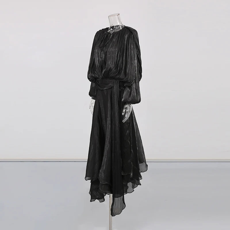 Solid Loose Spliced Folds Elegant Dresses for Women.