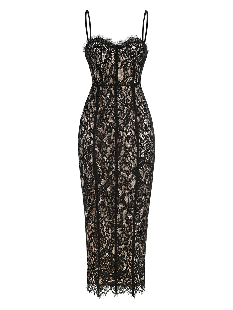 Sexy Spaghetti Strap V Neck Lace Long Dress Women.