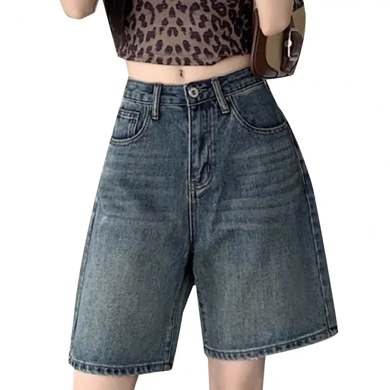 Retro Denim Shorts for Women Summer High Waist Five-point Pants.