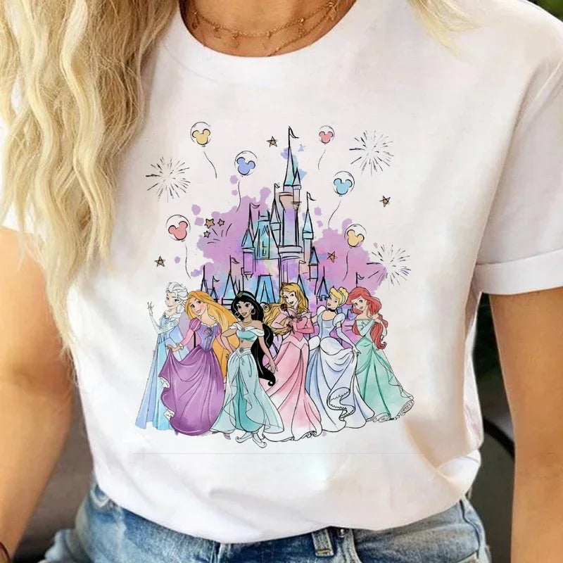 Fashion Disney Princess Printed T Shirt Watercolor Magic Castle Princess Women.