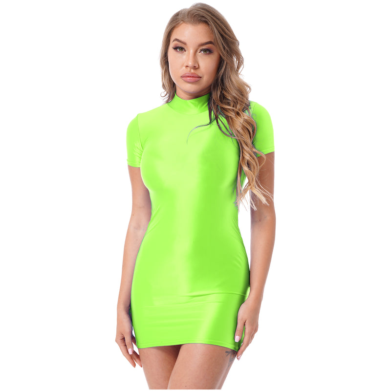 Women’s Oil Glossy Tights Mini Dress Sexy Party Clubwear.