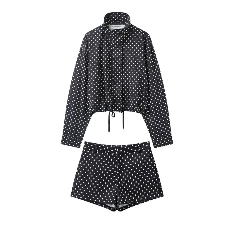 Polka Dot Shorts Sets For Women Trend Outfits Long Sleeve Zipper Turtleneck Jacket Coat Spring Woman Elegant 2 Piece.