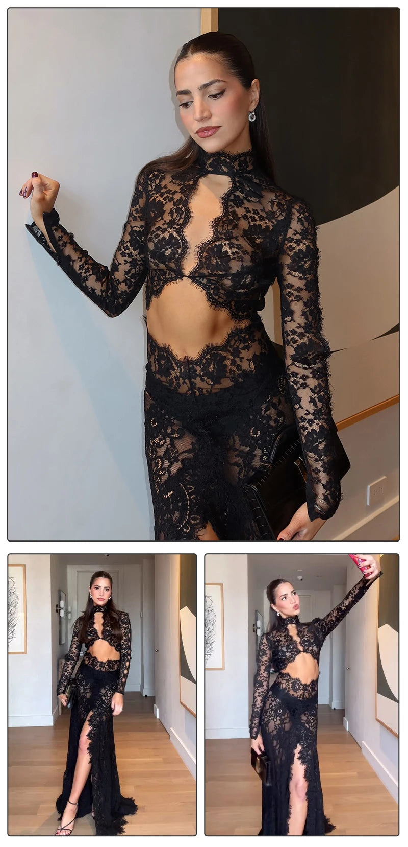 Women’s VC Black Lace Cut Out Long Dress Backless High Split.