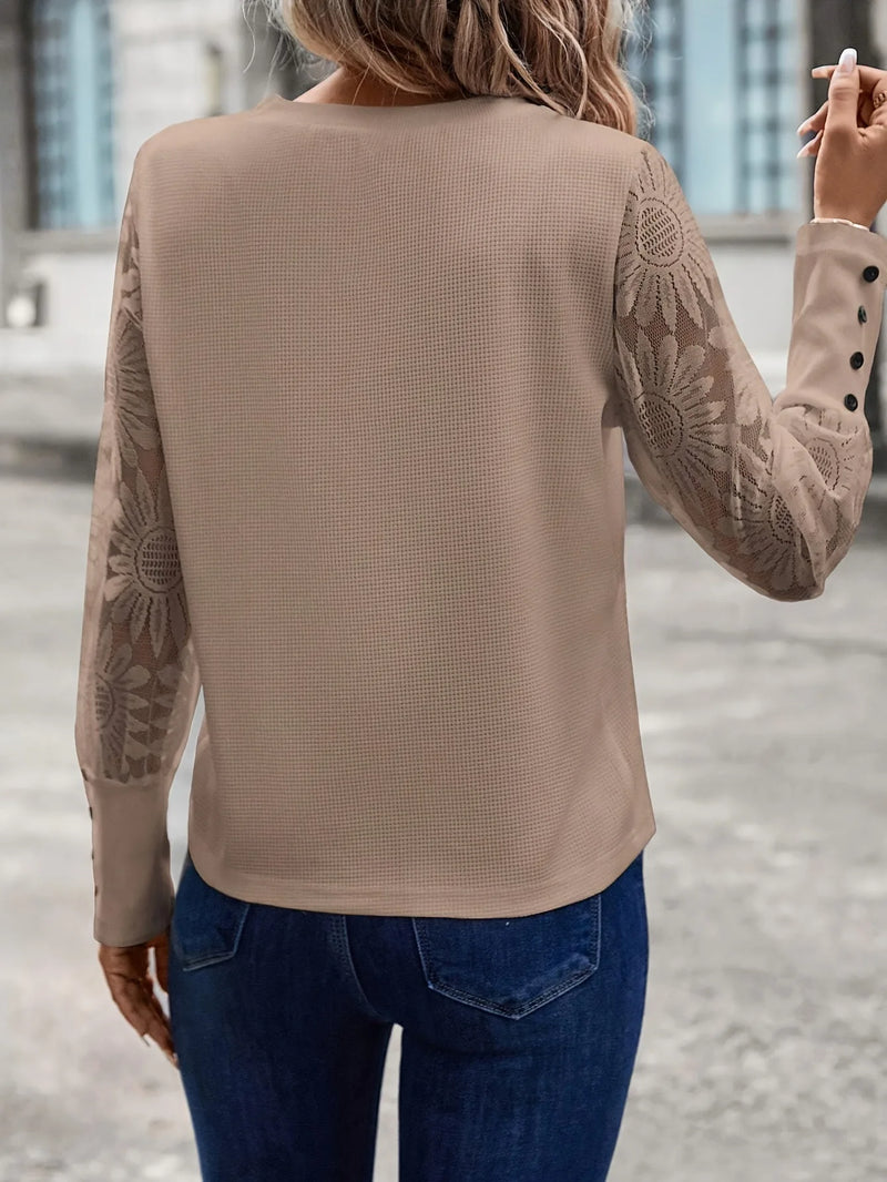 Woman Beige Waffle Knit Top Lace Paneled Floral Sleeves Button Cuffs.
