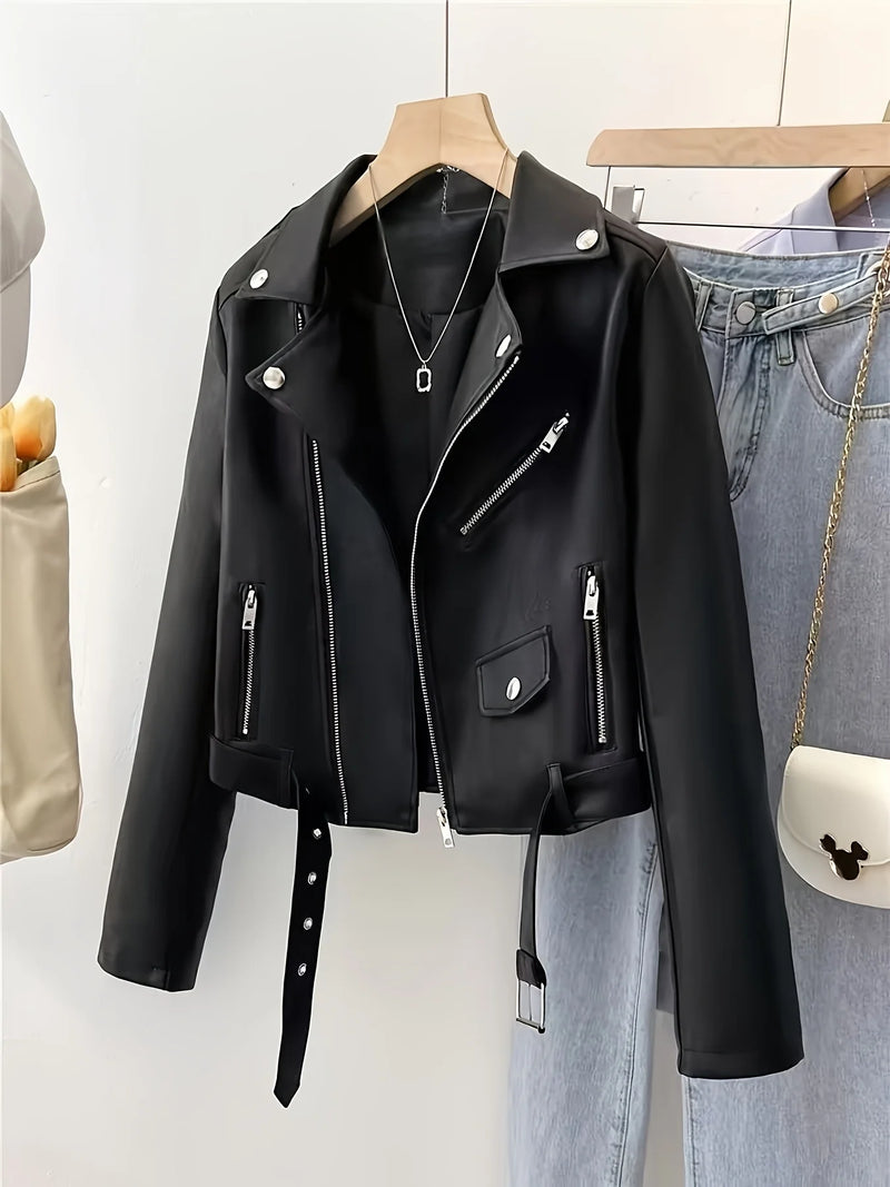 Women's Short American Retro Pu Motorcycle Leather Slim Jacket.