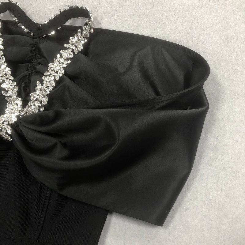 Red Black Women Sexy Halter Off the Shoulder Crystal Ruffles Bodycon Long Bandage Dress.