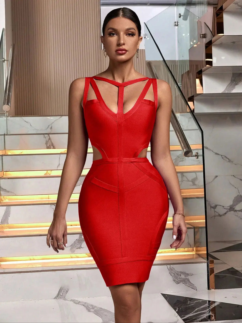 Summer Sexy Spaghetti Strap V Neck Cut out Dress Elegant Red.
