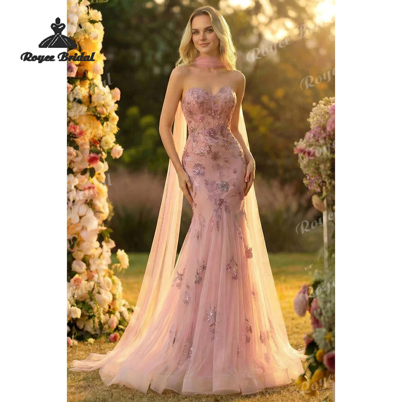 Women’s Neck Scarf Embroidered Mermaid Prom Dresses Sweetheart Formal Evening.
