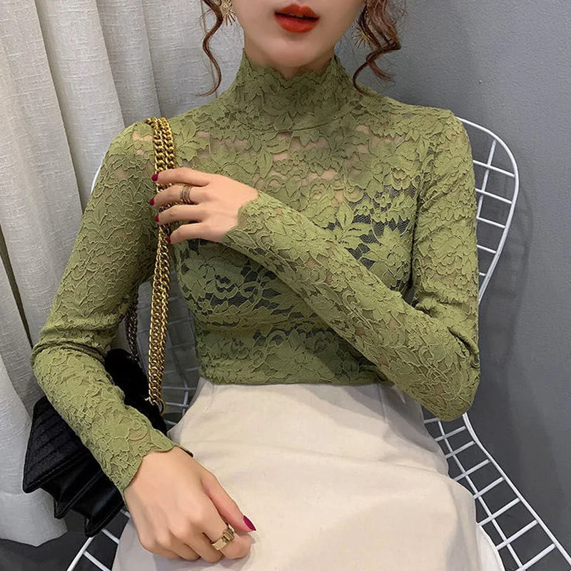 Stretch Floral Lace Petal Sleeve Shirt Women's Long Sleeved T Shirt Ladies.