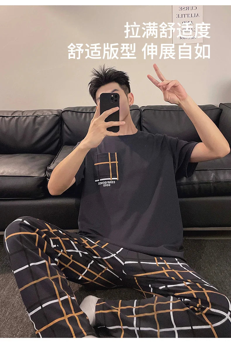 Summer Knitted Plaid Cool Mens Pyjamas Pajamas Casual Pjs Lounge Sets.