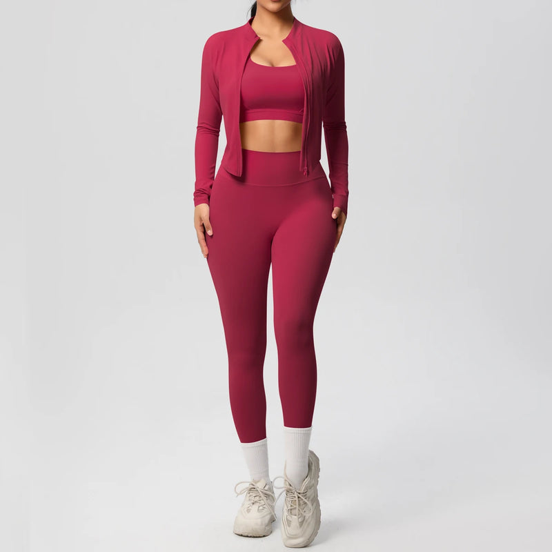 3pcs Sportswear Yoga Set Gym Sports Bra Zipper Jacket Leggings Clothes.
