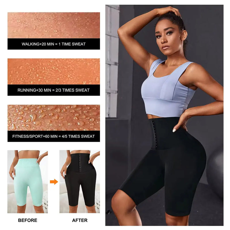 Ladies high waist sauna shorts, thermal shaping hip-lifting tights.