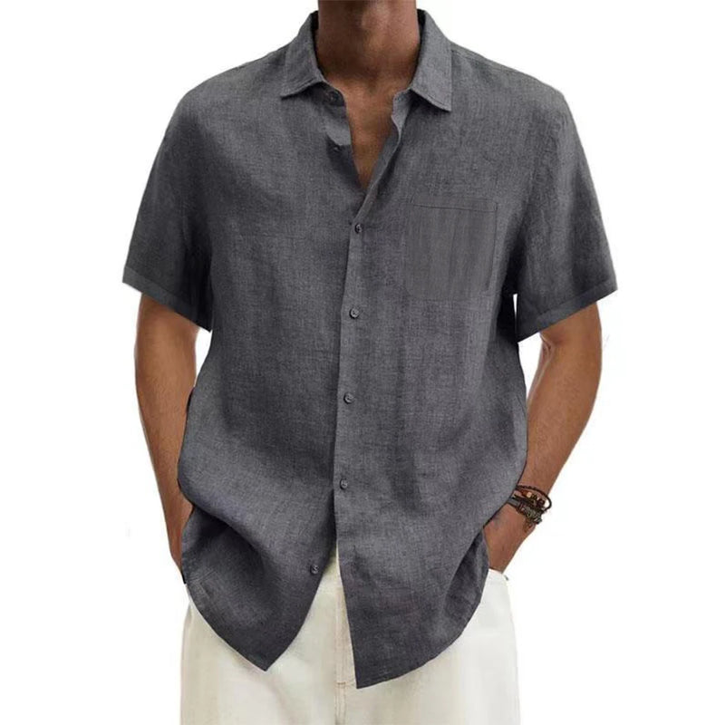 men Cotton Linen Hot Sale Men's Short-Sleeved Shirts Summer Solid Color.
